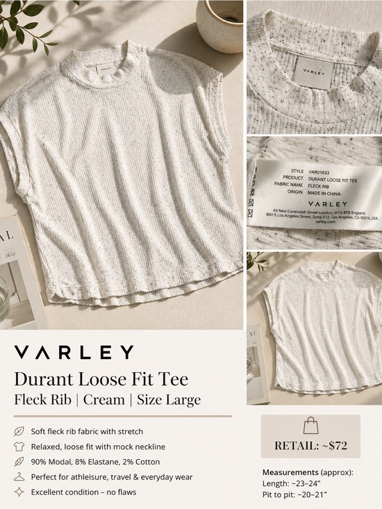 Varley Tops - Varley Durant Loose Fit Tee Fleck Rib Cream Short Sleeve Large